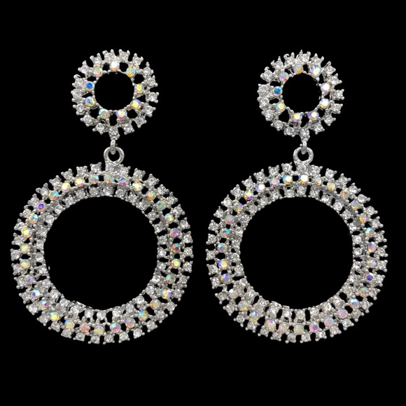 Clear & AB Rhinestones Double Open Circle Unique Formal Post Drop Earrings - Picture 1 of 3
